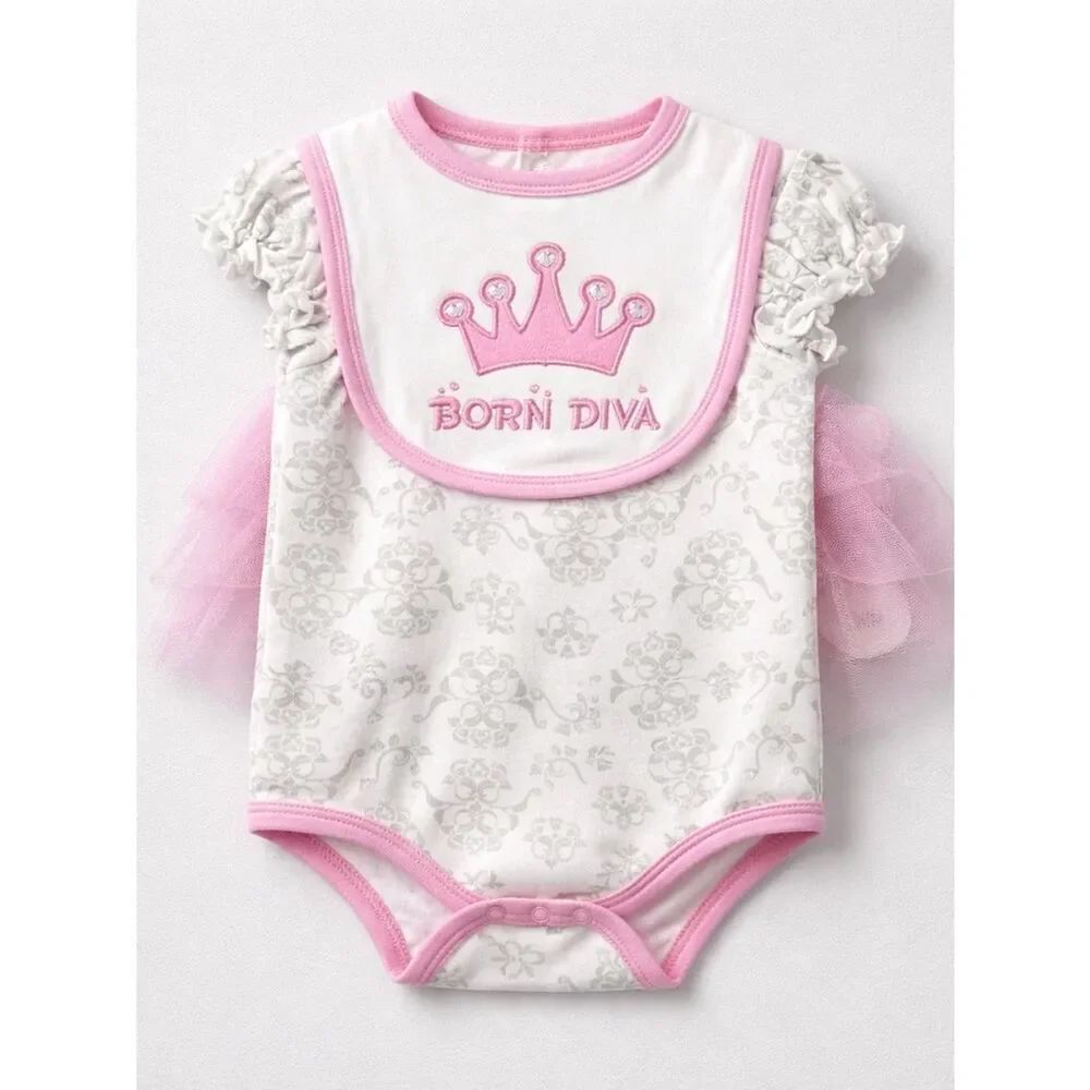 Baby Mode Born Diva Pink Trim Baby Onesie with Crown Bib 6-9 months NWT